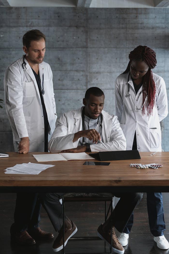 project-01-b A team of diverse doctors collaborating on medical research in a modern workspace.
